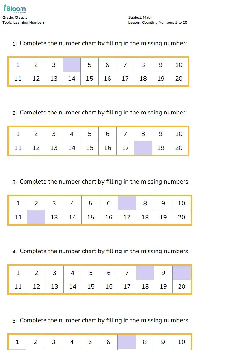 Counting Numbers 1–20 | Class 1 Practice