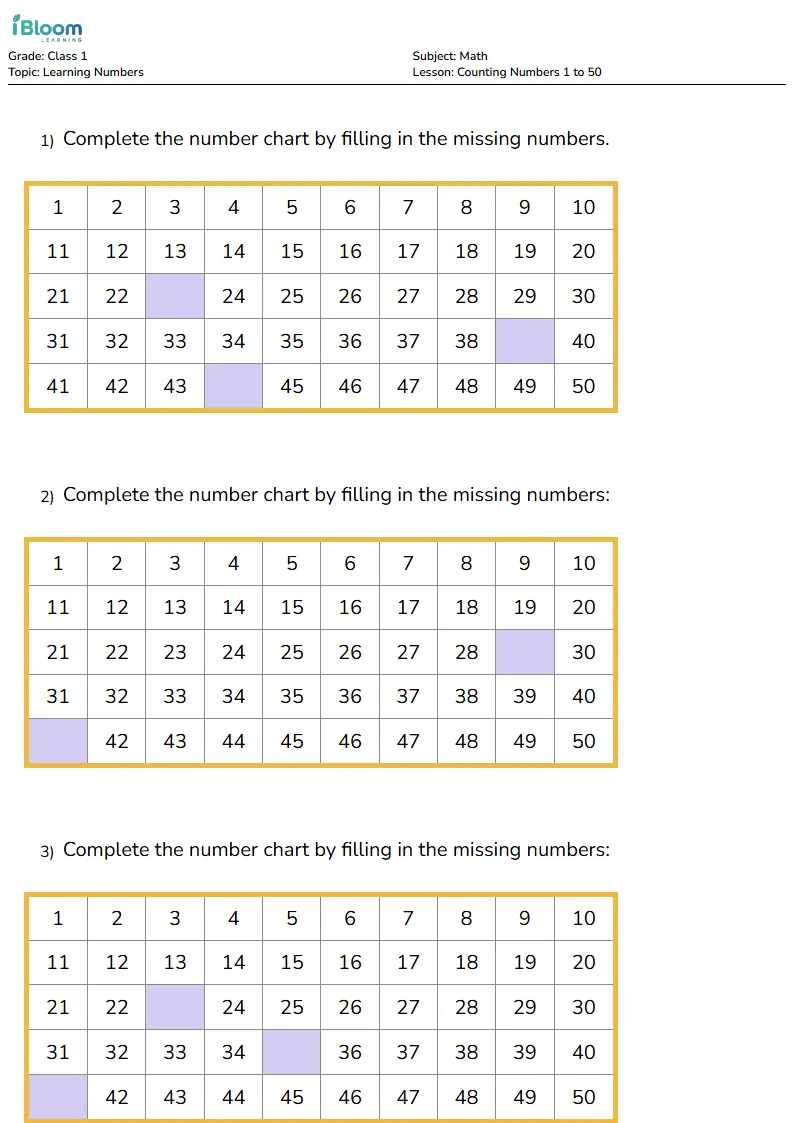 Free Counting Numbers 1 to 50 Worksheets for Class 1 | iBloom