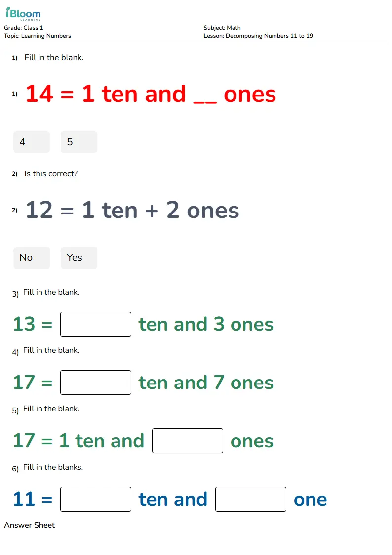 Free Decomposing Numbers 11 to 19 Worksheets for Class 1 | iBloom