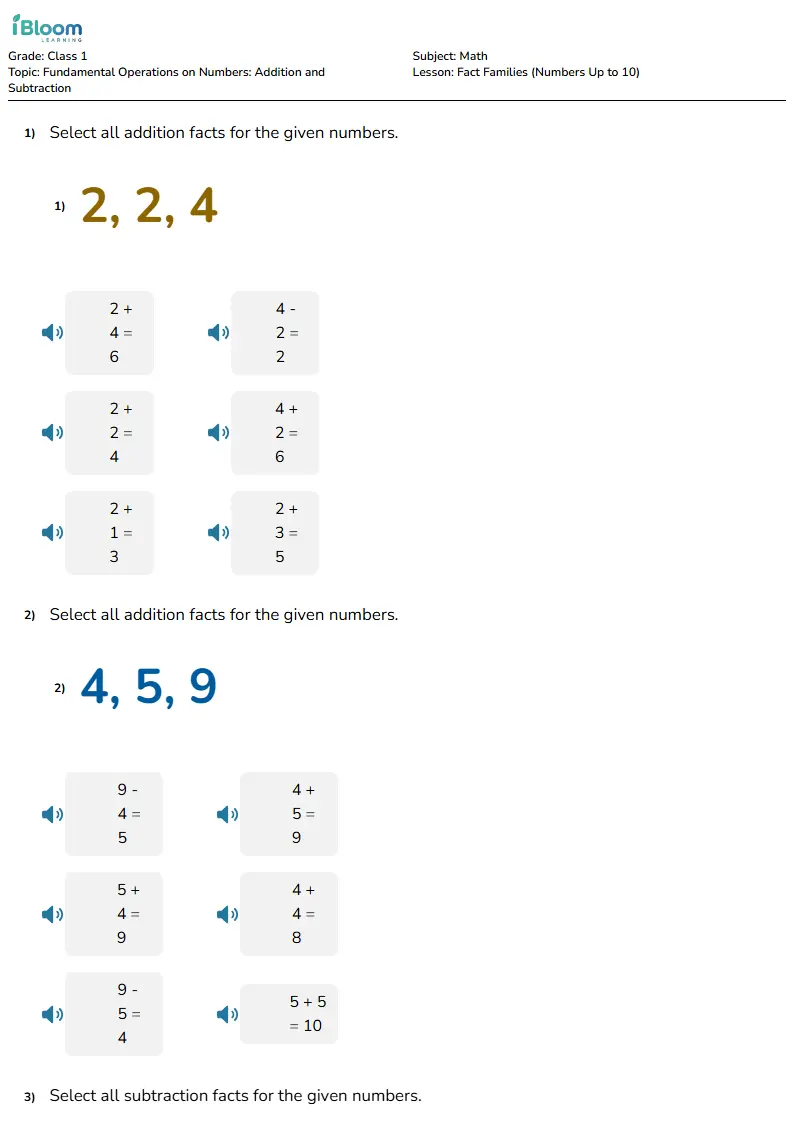 Free Fact Families (Numbers Up to 10) Worksheets for Class 1 | iBloom