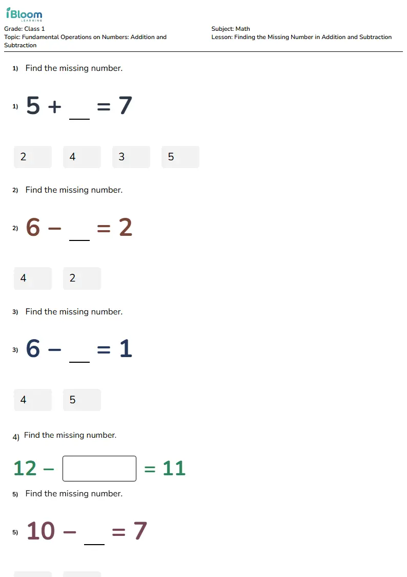 Free Finding the Missing Number in Addition and Subtraction Worksheets for Class 1 | iBloom
