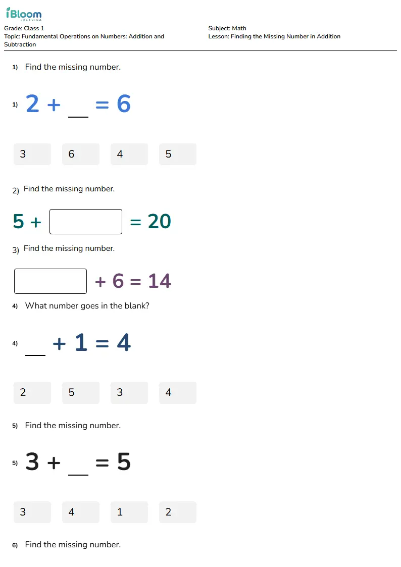 Free Finding the Missing Number in Addition Worksheets for Class 1 | iBloom