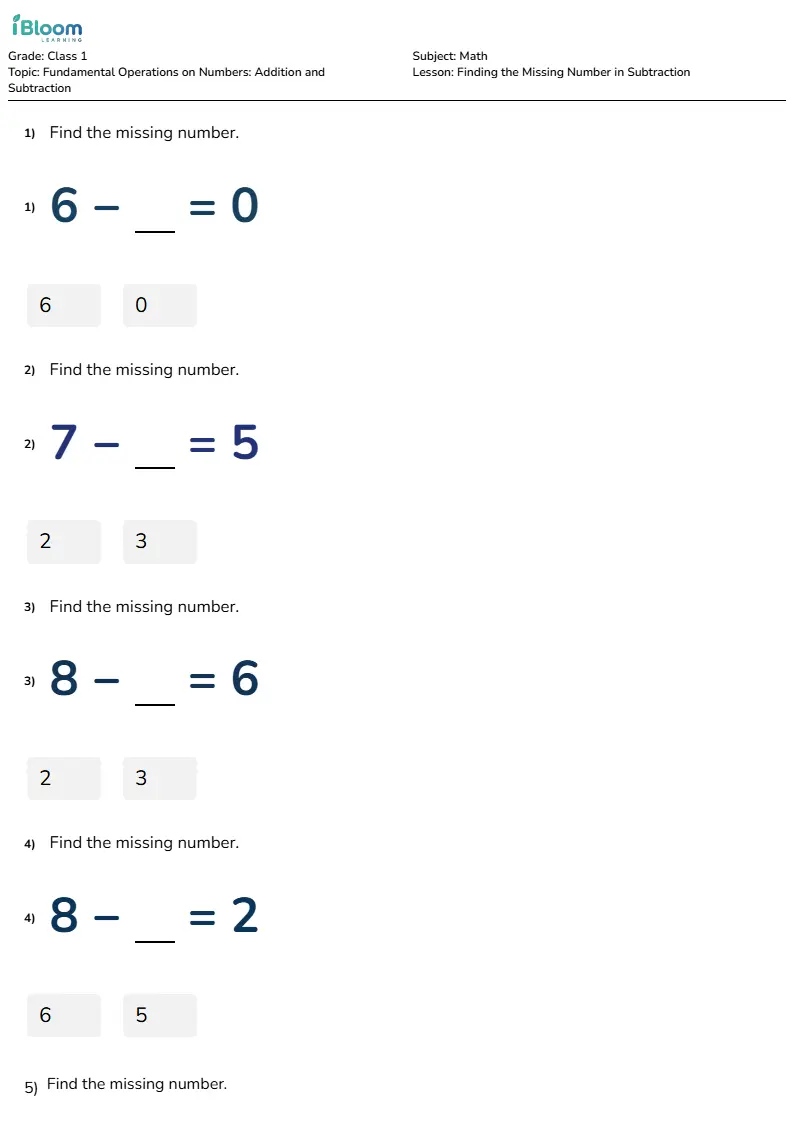 Free Finding the Missing Number in Subtraction Worksheets for Class 1 | iBloom