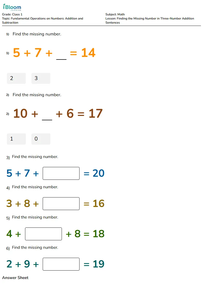 Free Finding the Missing Number in Three-Number Addition Sentences Worksheets for Class 1 | iBloom