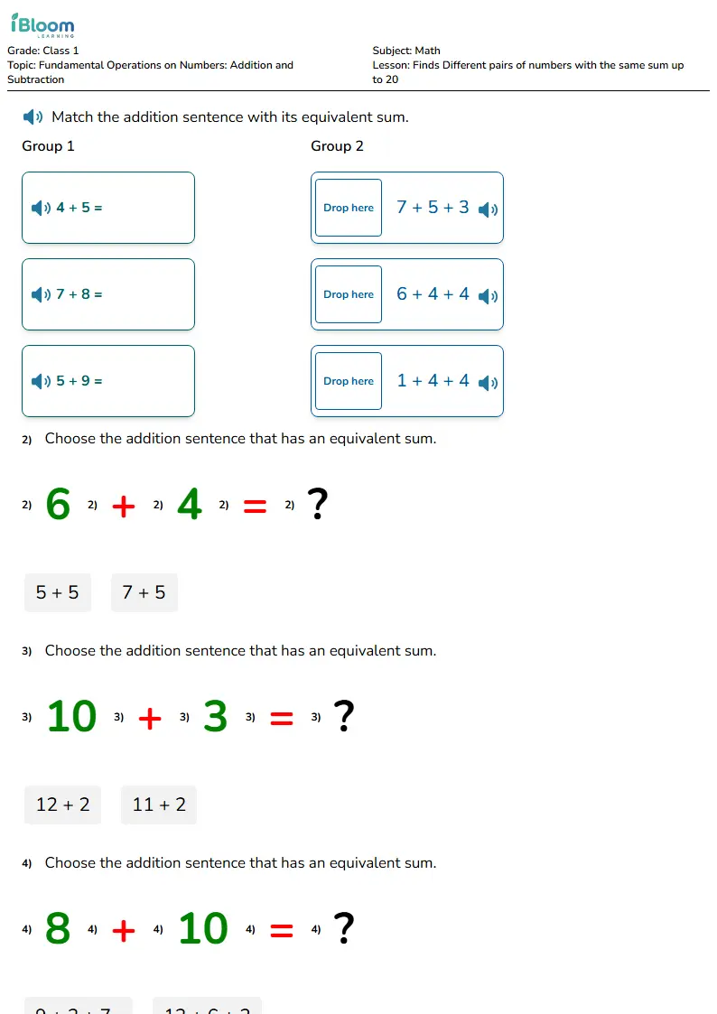 Free Finds Different pairs of numbers with the same sum up to 20 Worksheets for Class 1 | iBloom