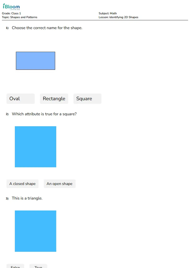 Free Identifying 2D Shapes Worksheets for Class 1 | iBloom