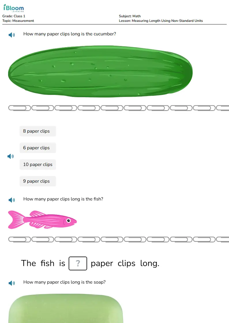Free Measuring Length Using Non-Standard Units Worksheets for Class 1 | iBloom