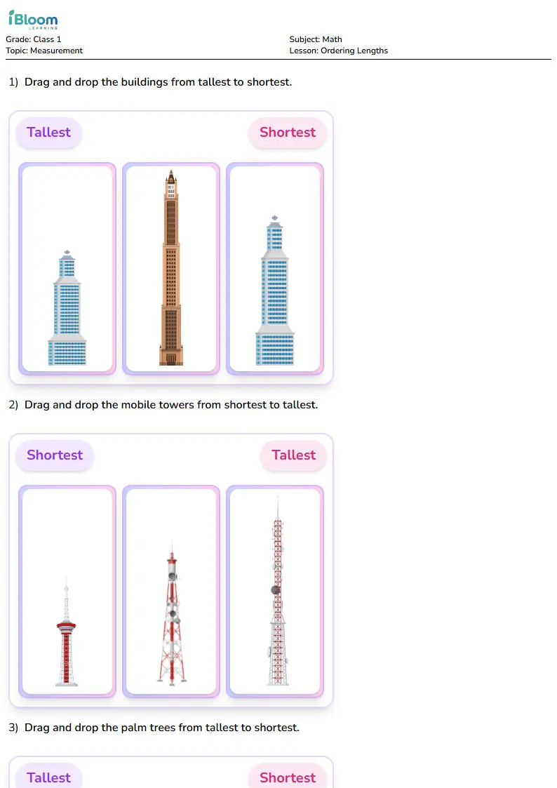Free Ordering Lengths Worksheets for Class 1 | iBloom