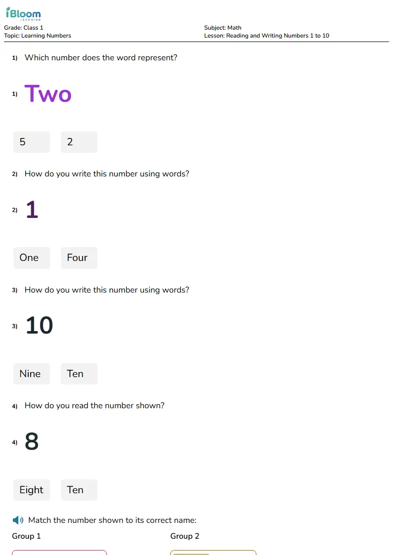 Numbers 1–10: Read and Write | Class 1 | iBloom