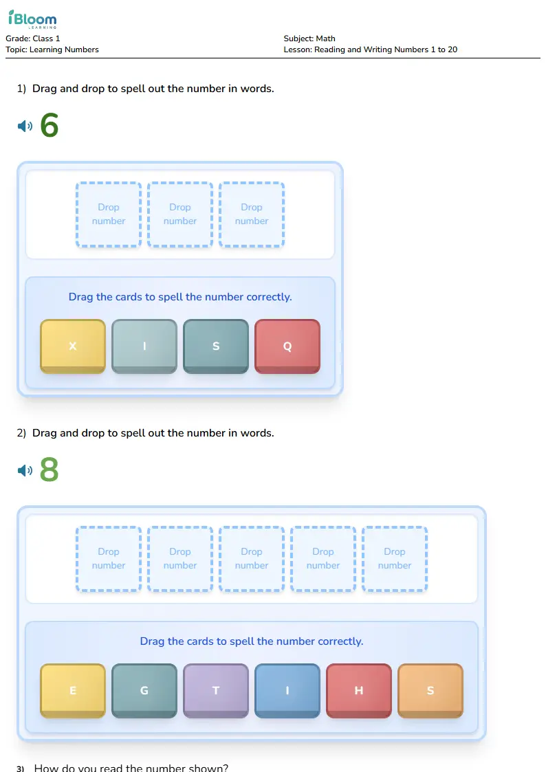 Free Reading and Writing Numbers 1 to 20 Worksheets for Class 1 | iBloom