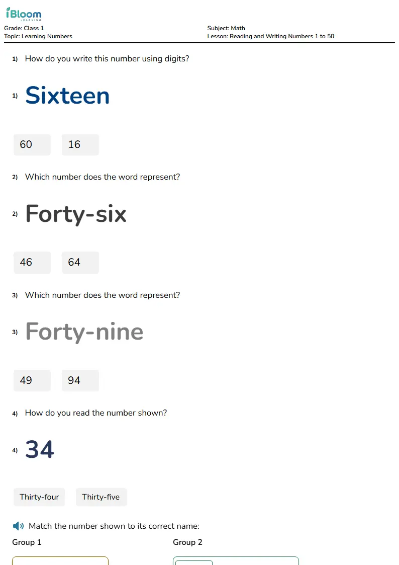 Free Reading and Writing Numbers 1 to 50 Worksheets for Class 1 | iBloom