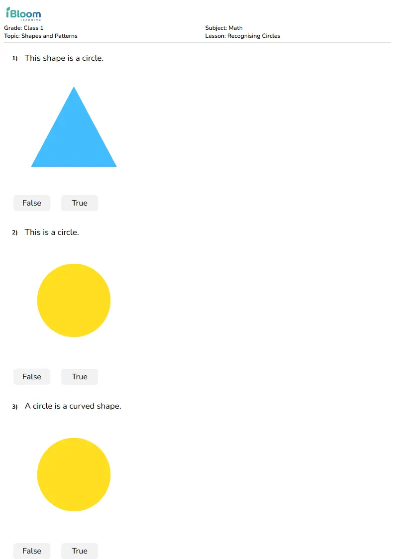 Free Recognising Circles Worksheets for Class 1 | iBloom