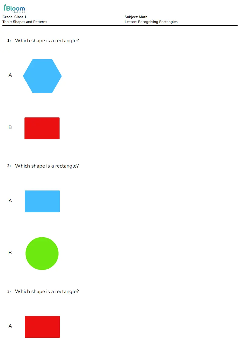 Free Recognising Rectangles Worksheets for Class 1 | iBloom