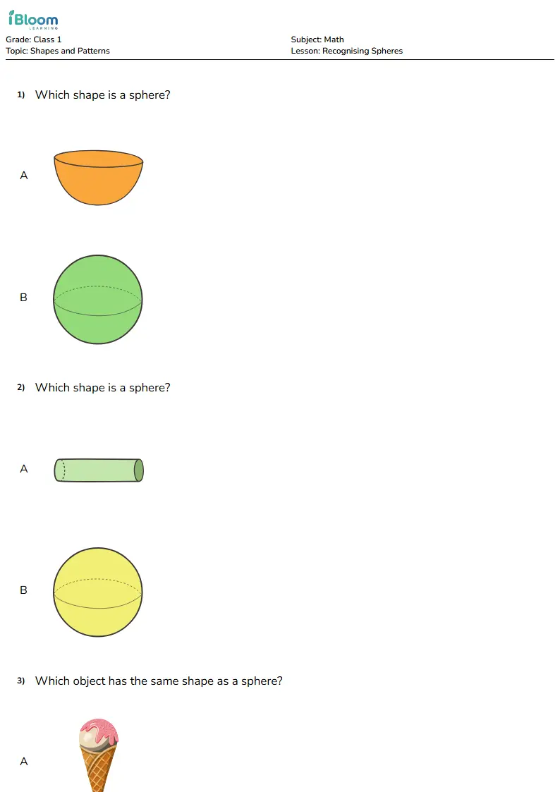 Free Recognising Spheres Worksheets for Class 1 | iBloom