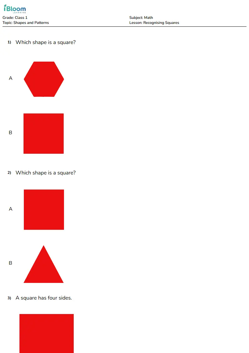 Free Recognising Squares Worksheets for Class 1 | iBloom