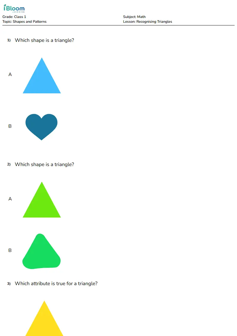 Free Recognising Triangles Worksheets for Class 1 | iBloom