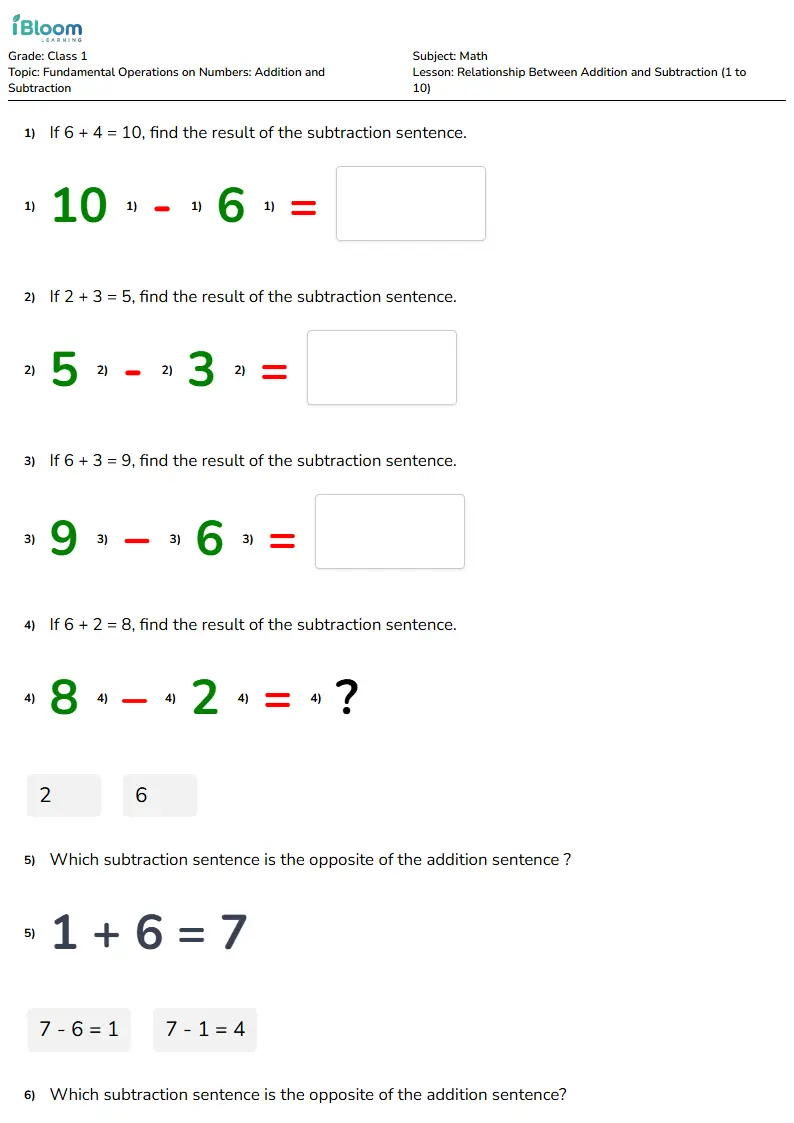 Free Relationship Between Addition and Subtraction (1 to 10) Worksheets for Class 1 | iBloom
