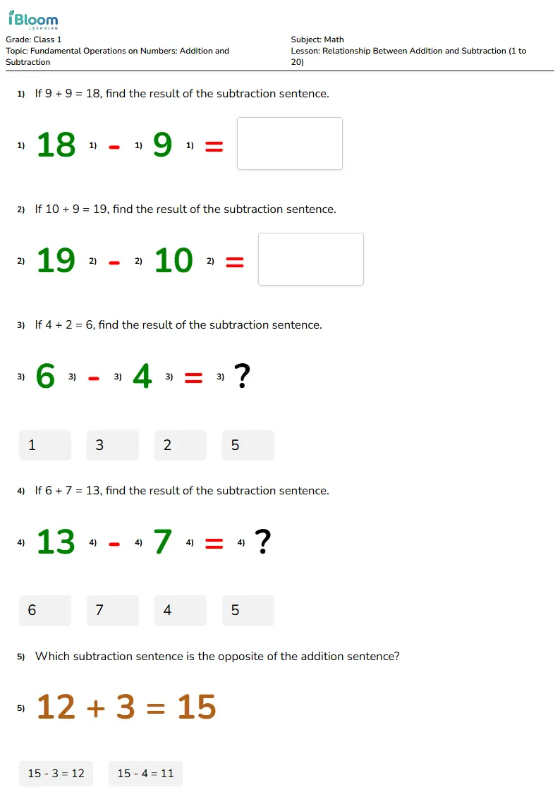 Free Relationship Between Addition and Subtraction (1 to 20) Worksheets for Class 1 | iBloom