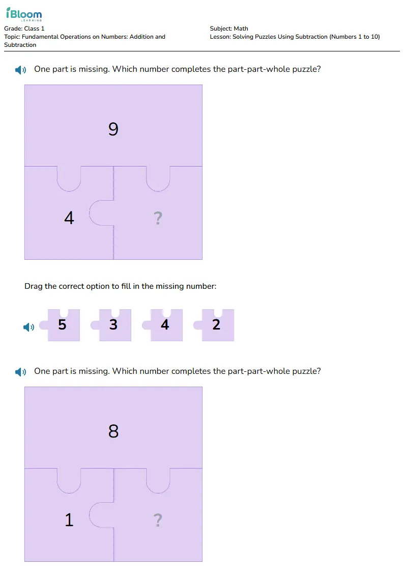 Free Solving Puzzles Using Subtraction (Numbers 1 to 10) Worksheets for Class 1 | iBloom