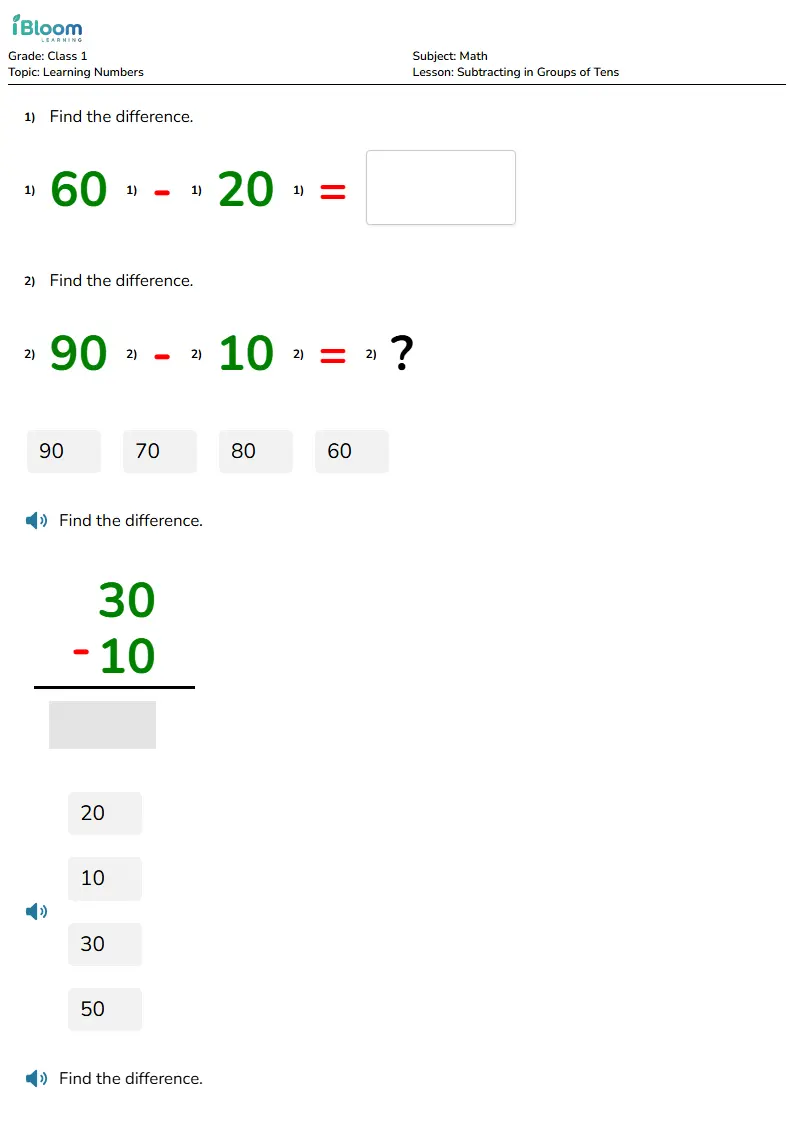 Free Subtracting in Groups of Tens Worksheets for Class 1 | iBloom