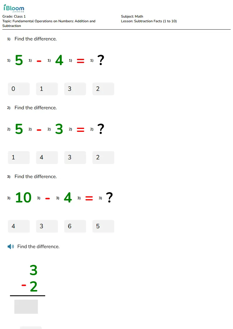 Free Subtraction Facts (1 to 10) Worksheets for Class 1 | iBloom