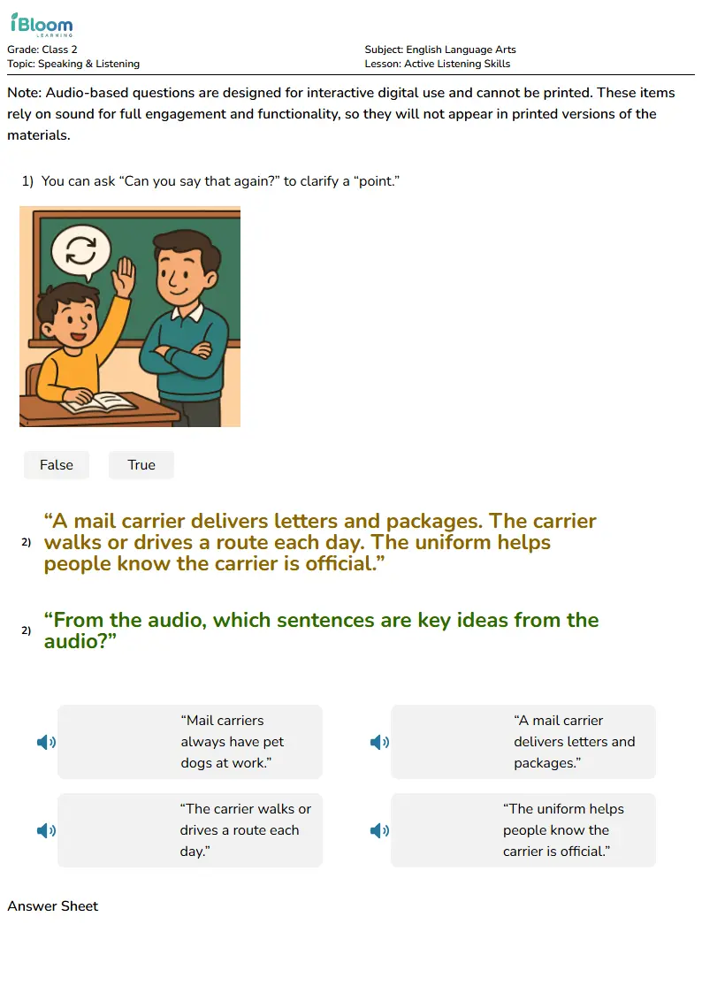 Free Active Listening Skills Worksheets for Class 2