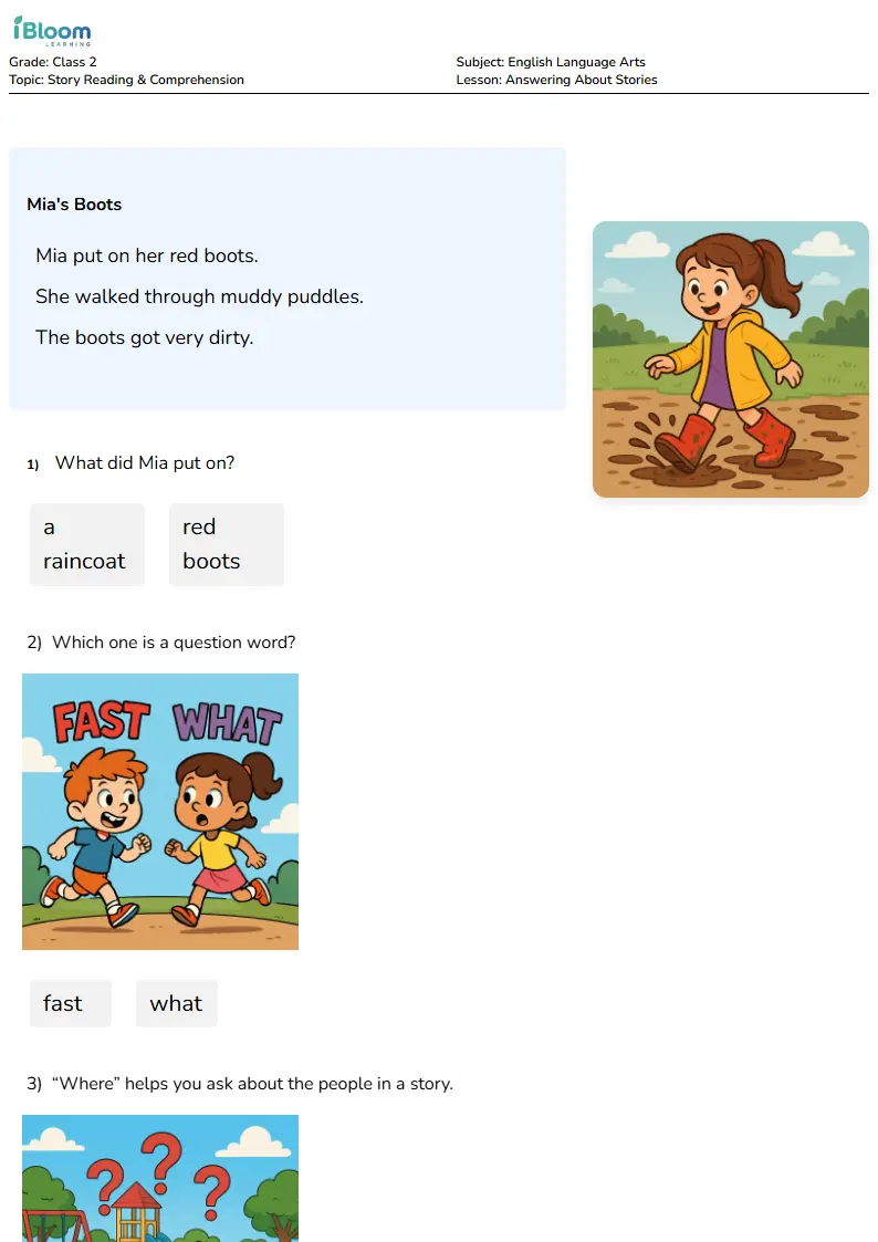 Free Answering About Stories Worksheets for Class 2