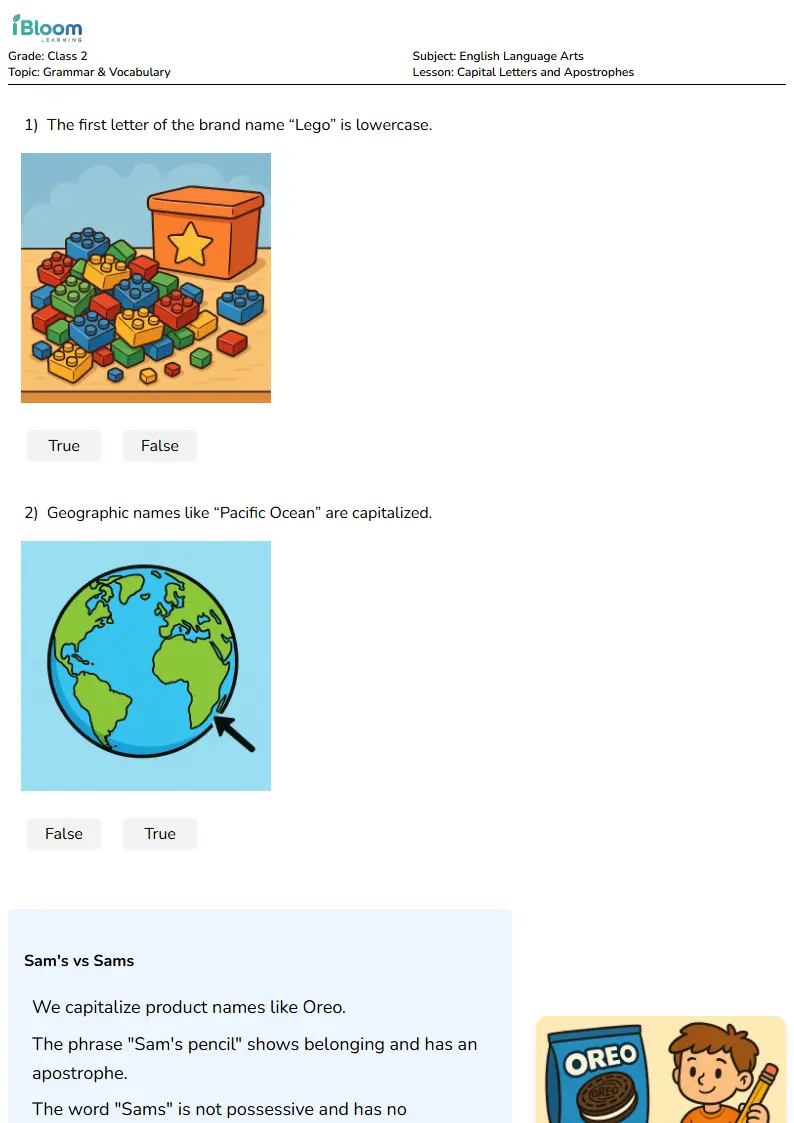 Free Capital Letters and Apostrophes Worksheets for Class 2