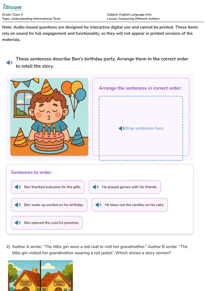 Free Comparing Different Authors Worksheets for Class 2