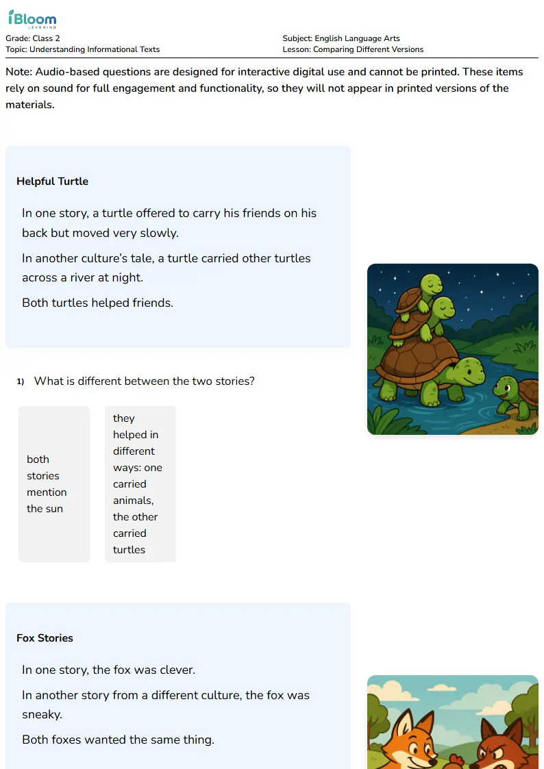 Free Comparing Different Versions Worksheets for Class 2