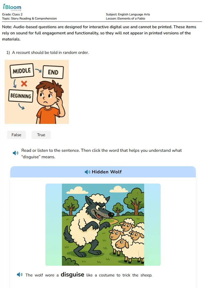 Free Elements of a Fable Worksheets for Class 2
