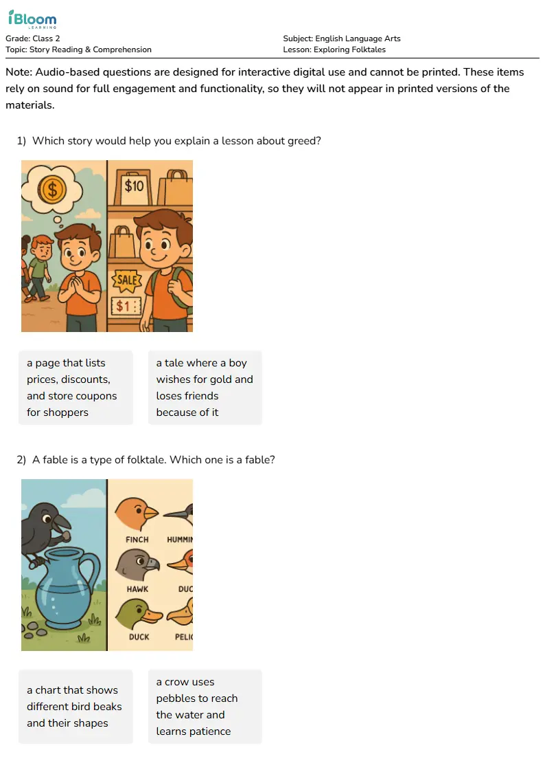 Free Exploring Folktales Worksheets for Class 2
