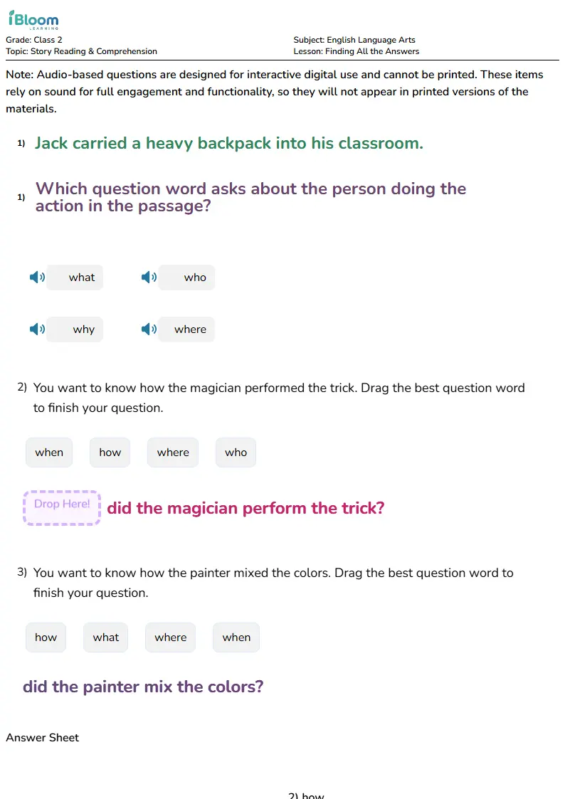 Free Finding All the Answers Worksheets for Class 2