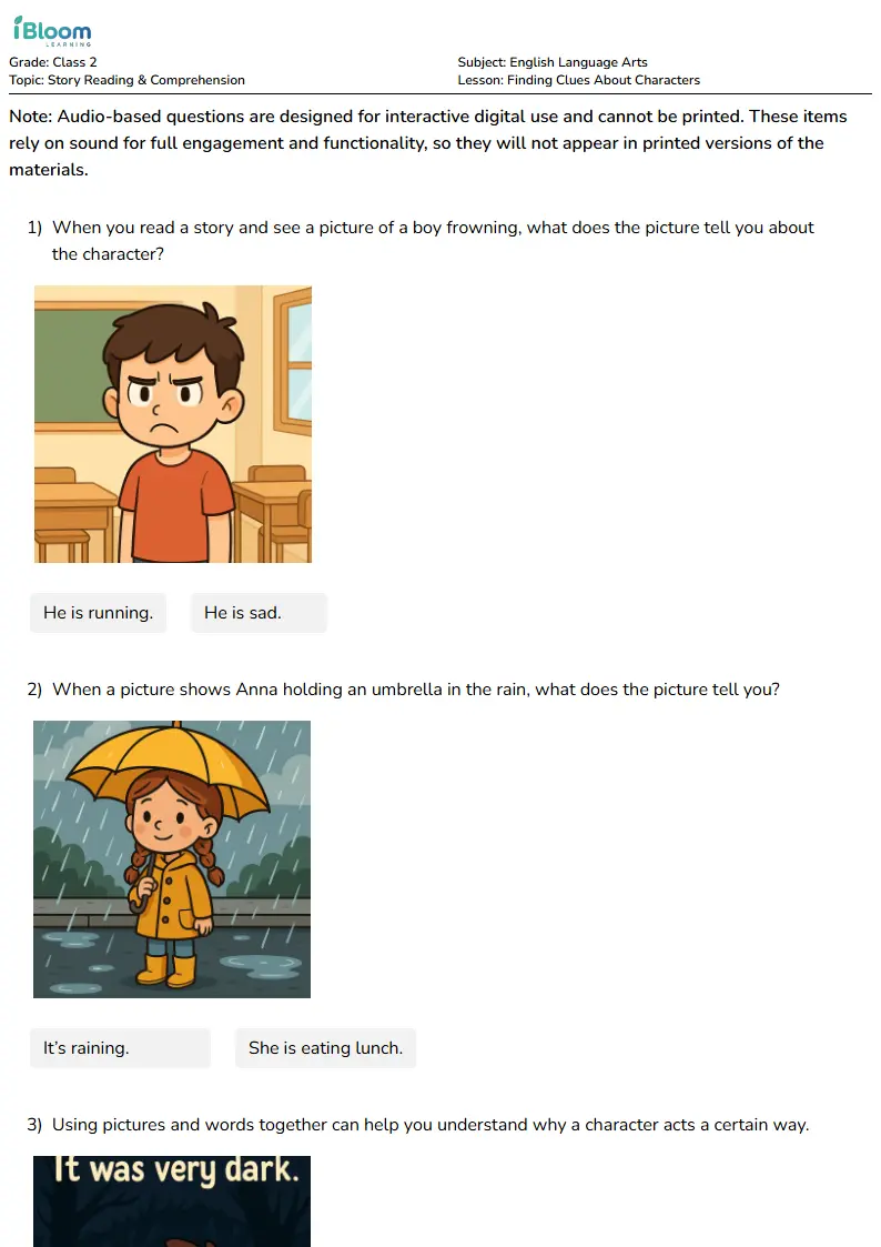 Free Finding Clues About Characters Worksheets for Class 2