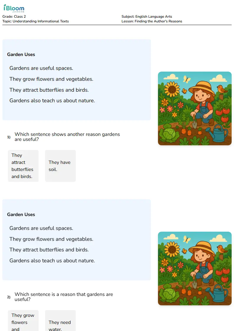 Free Finding the Author's Reasons Worksheets for Class 2