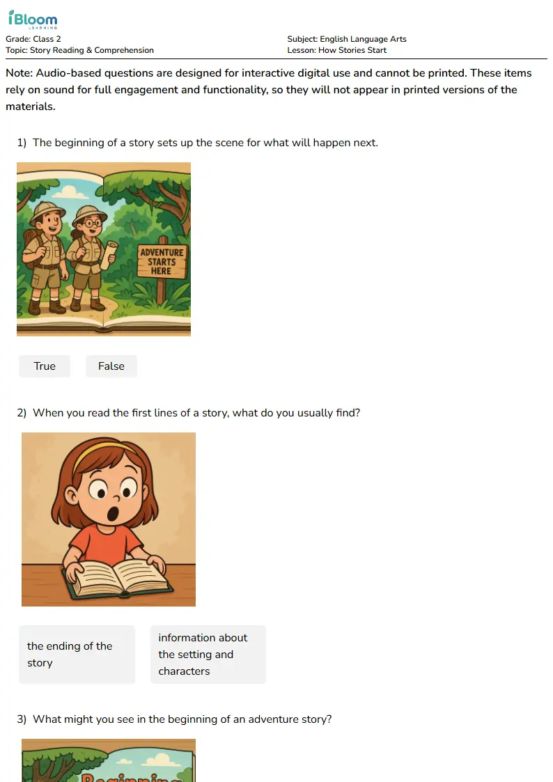Free How Stories Start Worksheets for Class 2