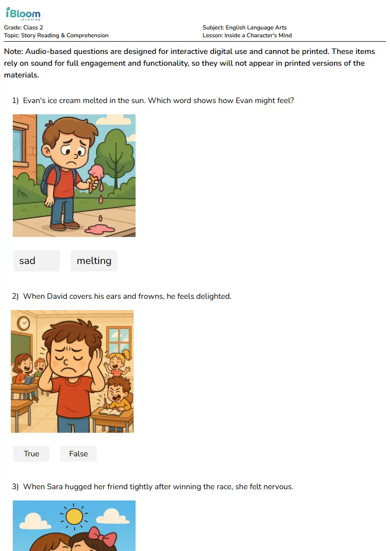 Free Inside a Character's Mind Worksheets for Class 2