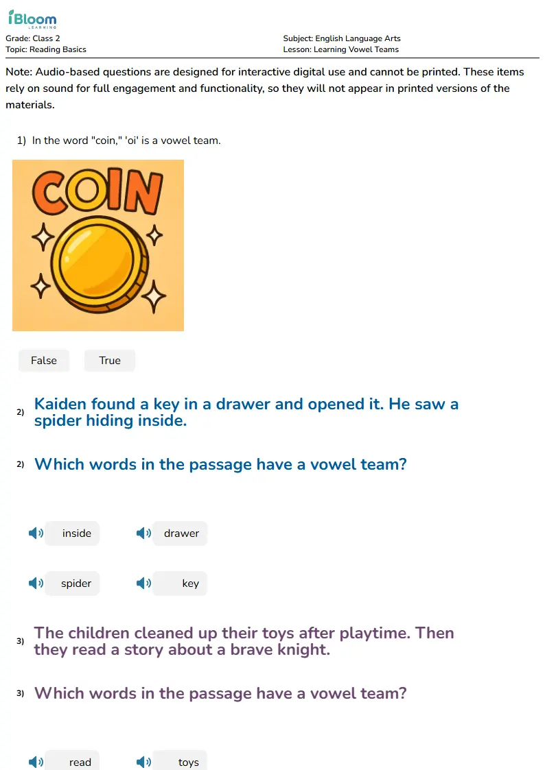 Free Learning Vowel Teams Worksheets for Class 2 | iBloom