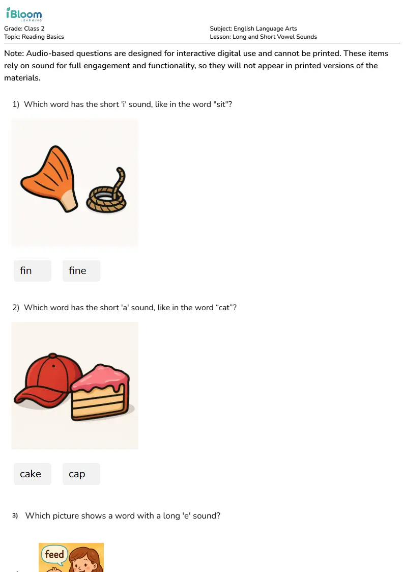 Long and Short Vowel Sounds Worksheet