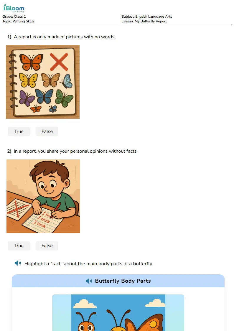 Free My Butterfly Report Worksheets for Class 2 | iBloom