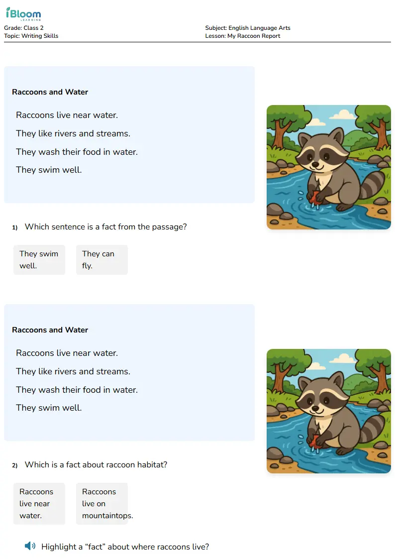 Free My Raccoon Report Worksheets for Class 2 | iBloom