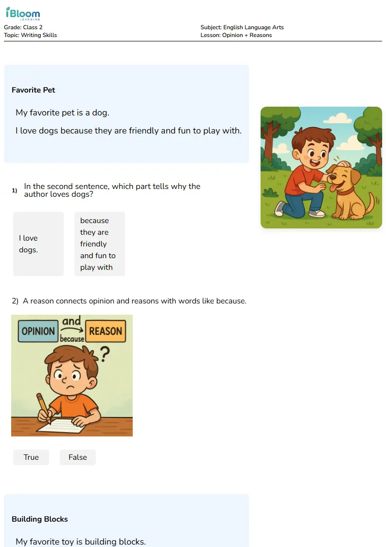 Free Opinion + Reasons Worksheets for Class 2 | iBloom