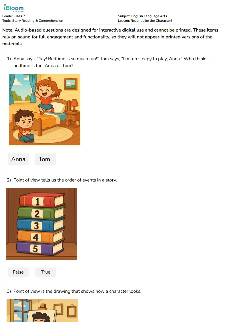 Free Read it Like the Character! Worksheets for Class 2 | iBloom