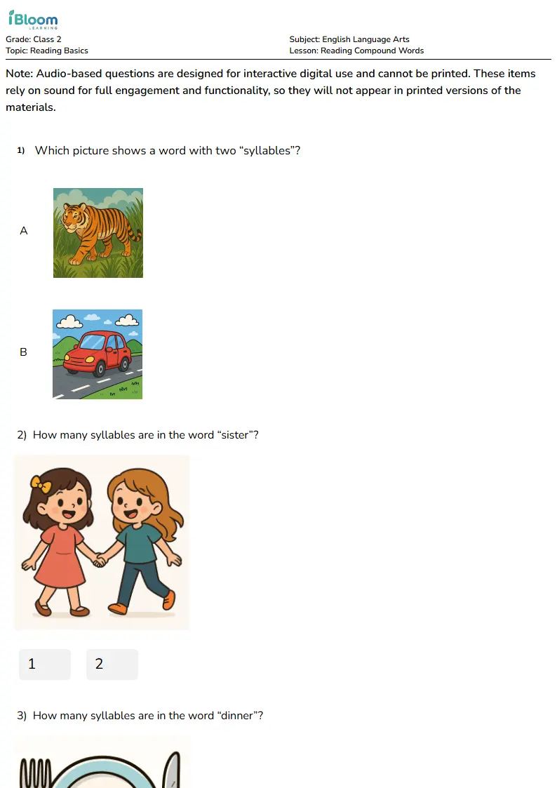 Free Reading Compound Words Worksheets for Class 2 | iBloom