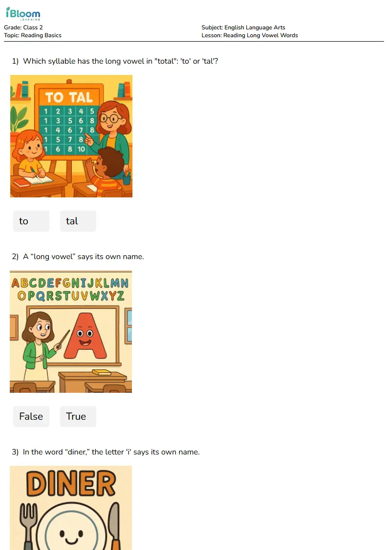 Free Reading Long Vowel Words Worksheets for Class 2 | iBloom