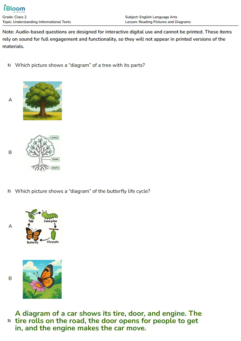 Free Reading Pictures and Diagrams Worksheets for Class 2 | iBloom