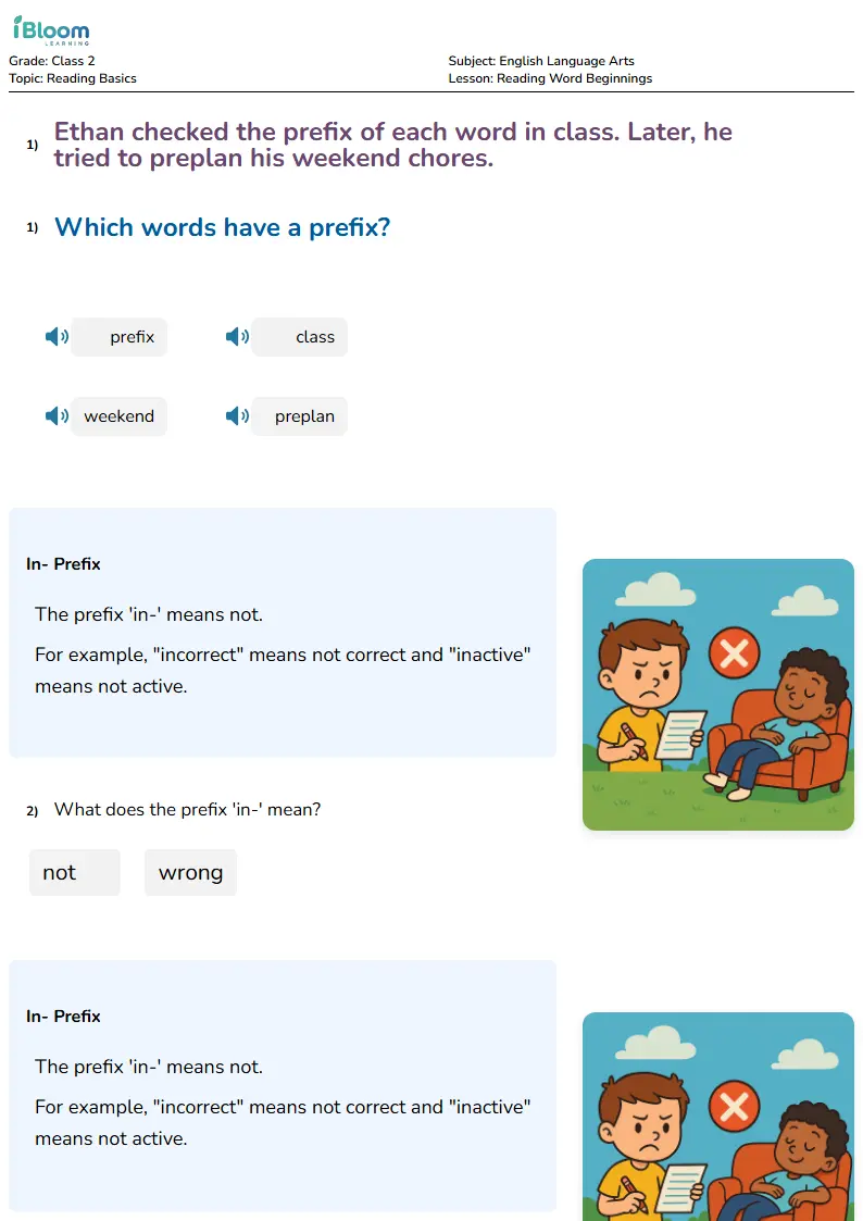 Free Reading Word Beginnings Worksheets for Class 2 | iBloom