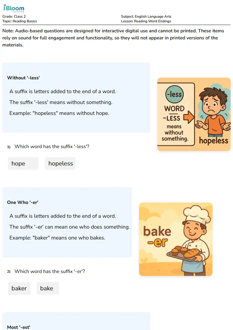 Free Reading Word Endings Worksheets for Class 2 | iBloom