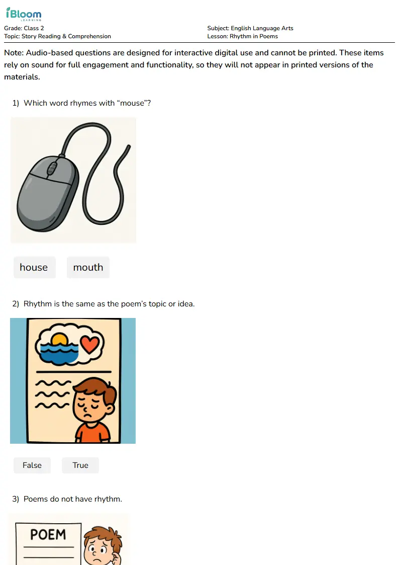 Free Rhythm in Poems Worksheets for Class 2 | iBloom