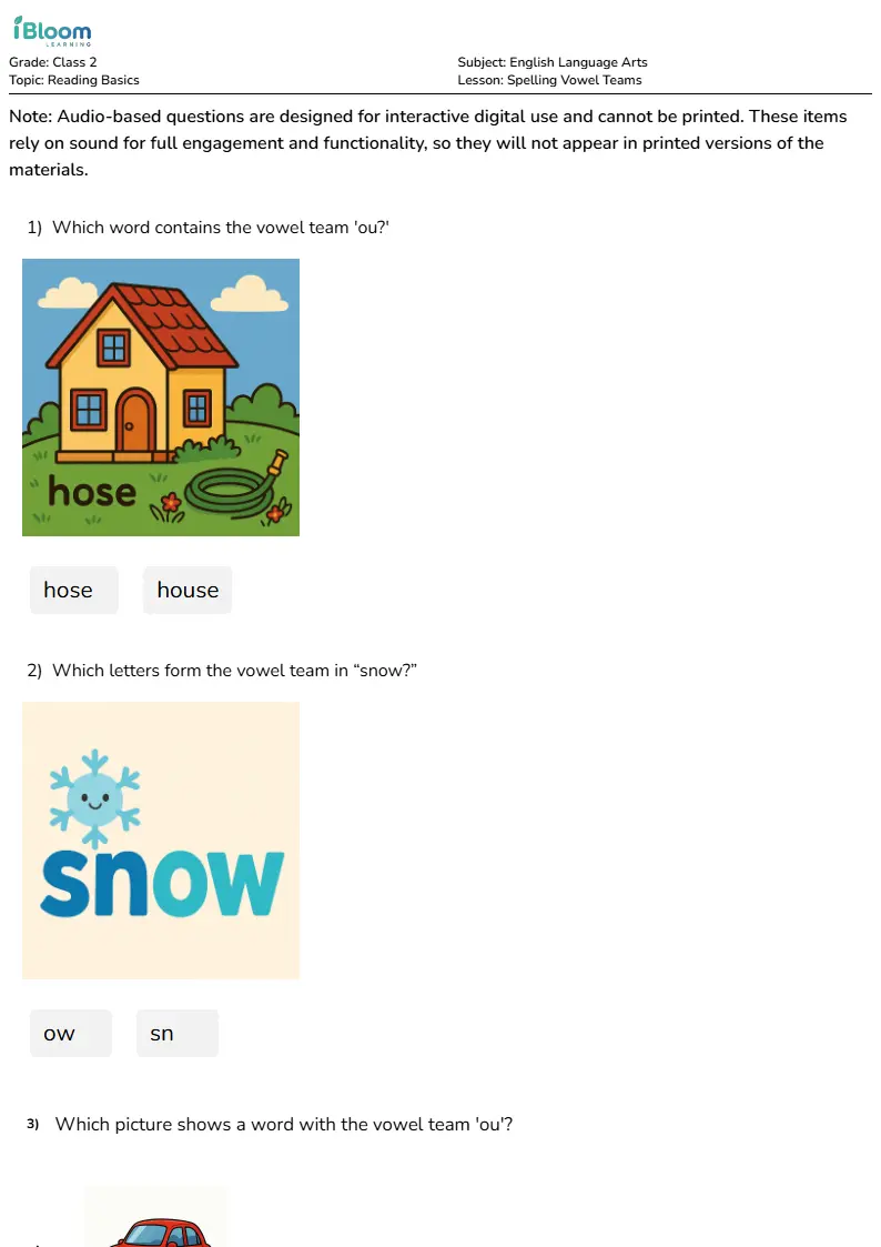 Free Spelling Vowel Teams Worksheets for Class 2 | iBloom